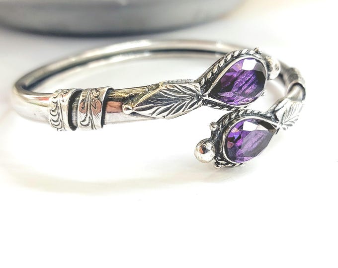Amethyst cuff bracelet in sterling silver 925, vintage style bracelet