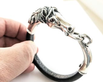 Horse head Bracelet in sterling silver on leather cord with garnet gemstones