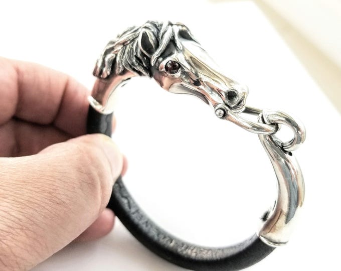 Sterling Silver Horse Bracelet with Leather, Equestrian Jewelry for Horse Lovers