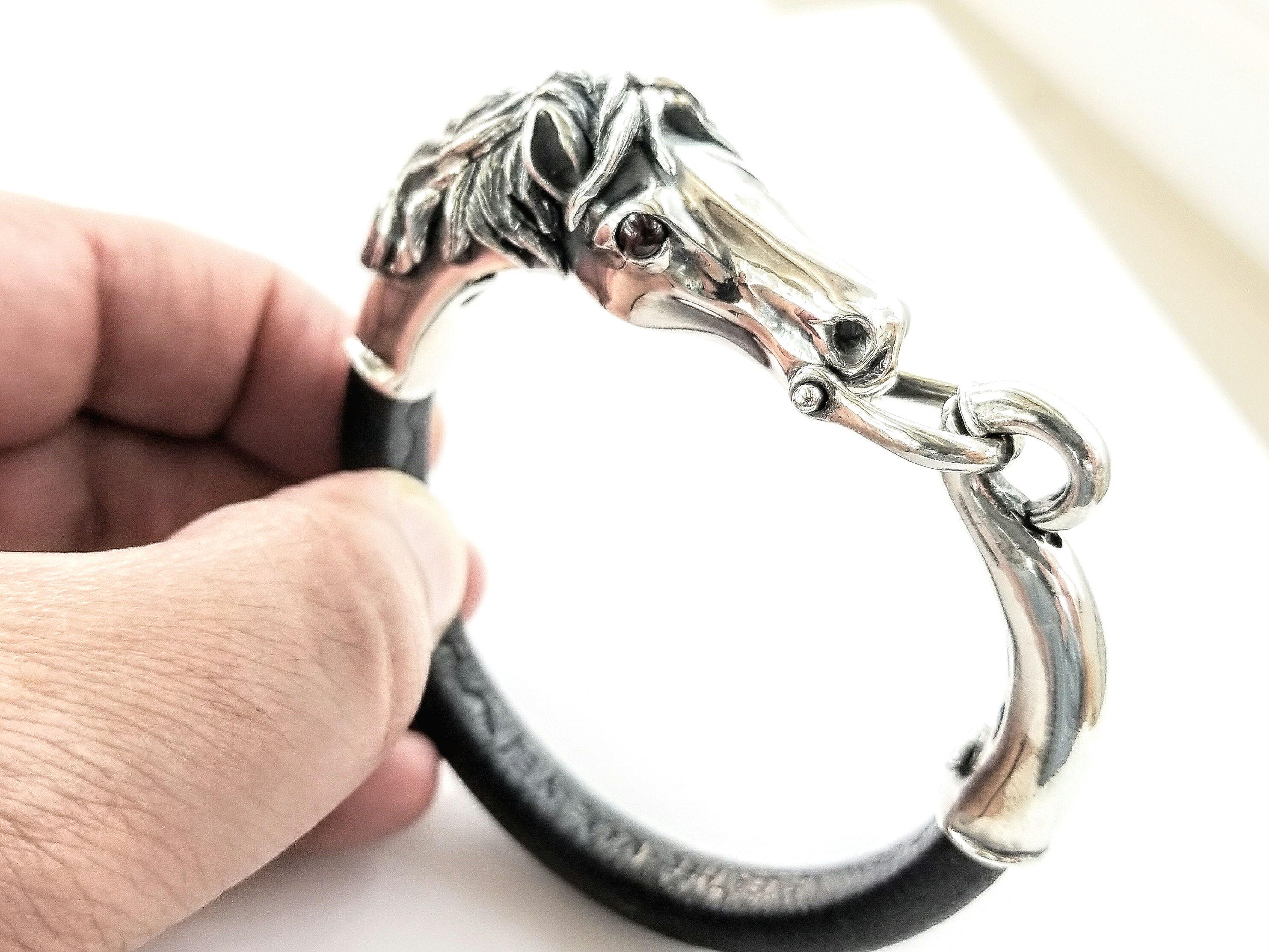 Sterling Silver Horse Bracelet With Leather, Equestrian Sterling Silver Horse Bracelet With Leather, Equestrian