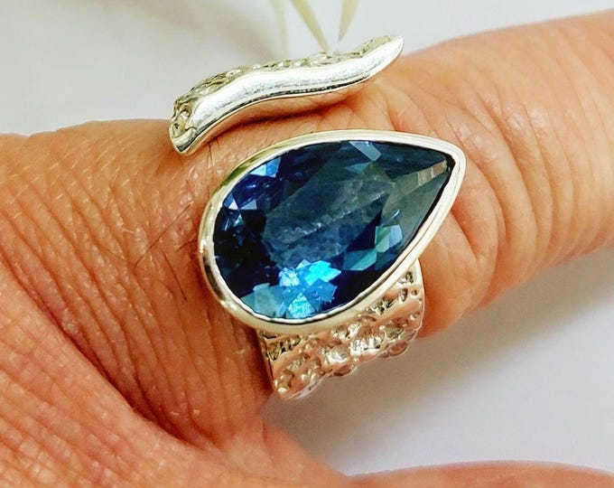 London blue topaz ring in brutal style sterling silver 925, handmade statement ring