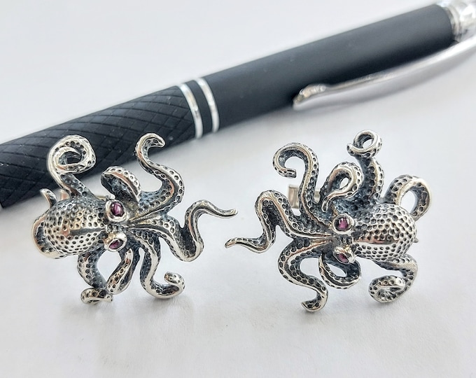 Octopus cufflinks in sterling silver 925, octopus jewelry for men, silver dress accessories