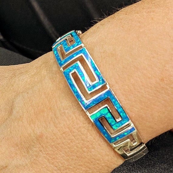 Sterling Silver Greek Key Bracelet, Blue Kyocera Opal Inlays, Geometric Meander Pattern