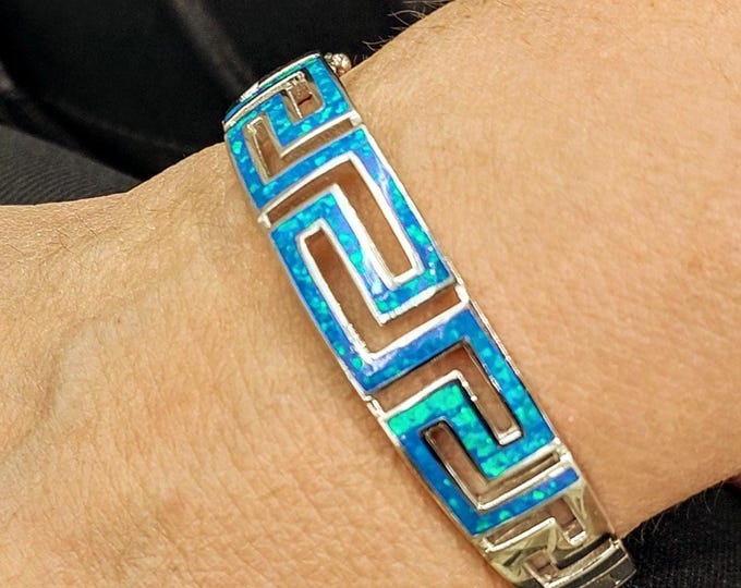 Sterling Silver Greek Key Cuff Bracelet with Lab-created Kyocera Opal, Ancient Meander Design