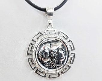 Greek coin necklace of Goddess Athena with Greek Key bezel in sterling silver 925