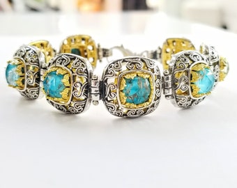 Sterling Silver Byzantine  Bracelet with Copper Turquoise gemstones  Gold plated bezels.