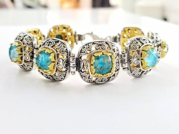 Turquoise bracelet, sterling silver 925 with two-tone byzantine decorations , Etruscan gift for her.