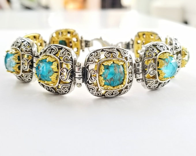 Sterling Silver Byzantine  Bracelet with Copper Turquoise gemstones  Gold plated bezels.