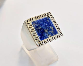 Lapis lazuli signet ring, sterling silver 925, mens jewellery, Greek key bezel, gift for him