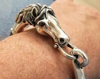 Sterling Silver Horse Head Bracelet, Black Leather Cord, Equestrian Jewelry
