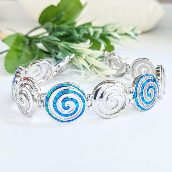 Spiral bracelet, sterling silver 925, kyocera blue opal jewellery, statement bracelet for lady