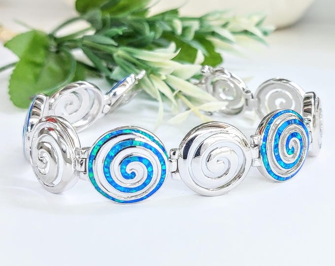 Sterling Silver Spiral Bracelet with Kyocera Opal Inlay, Handmade Greek Jewelry