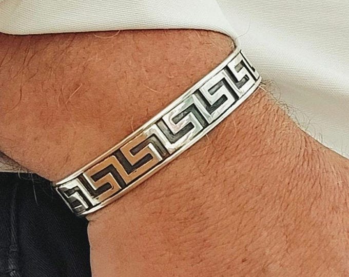 Greek key bracelet in sterling silver 925, adjustable cuff bracelet with Greek eternity design, unisex Greek meander bracelet