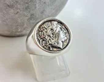 Sterling Silver Alexander Coin Ring, Handmade Signet