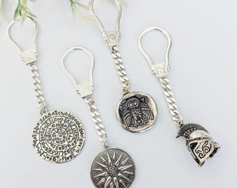 Sterling Silver Ancient Greek Keychain, Phaistos Disc, Spartan Helmet, Athena Coin, Vergina Sun, Greek Warrior Helmet, Gift for Him