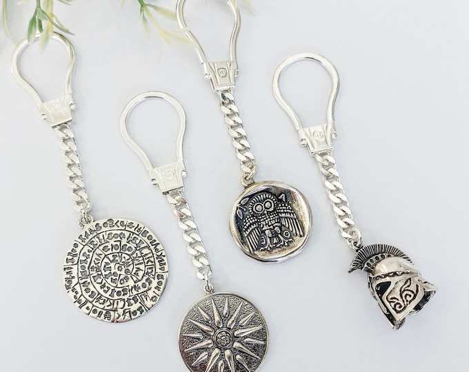 Sterling Silver Ancient Greek Keychain, Phaistos Disc, Spartan Helmet, Athena Coin, Vergina Sun, Greek Warrior Helmet, Gift for Him