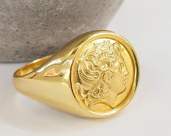 14K gold ring of Alexander the Great coin, signet ring for men with Greek coin replica