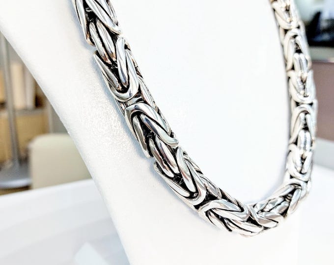 Thick Sterling Silver Byzantine Chain Necklace: Handmade Square Link