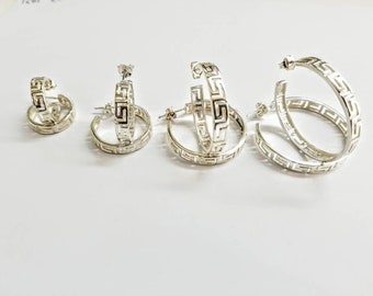 Elegant silver hoop earrings with Greek Key detailing