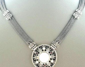 Sterling Silver Byzantine Necklace, Mother of Pearl Statement Jewelry