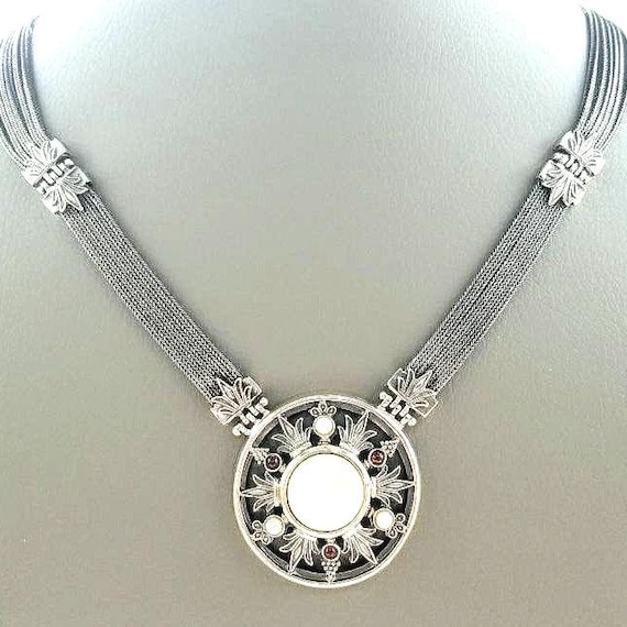 Sterling Silver Byzantine Necklace, Mother of Pearl Statement Jewelry