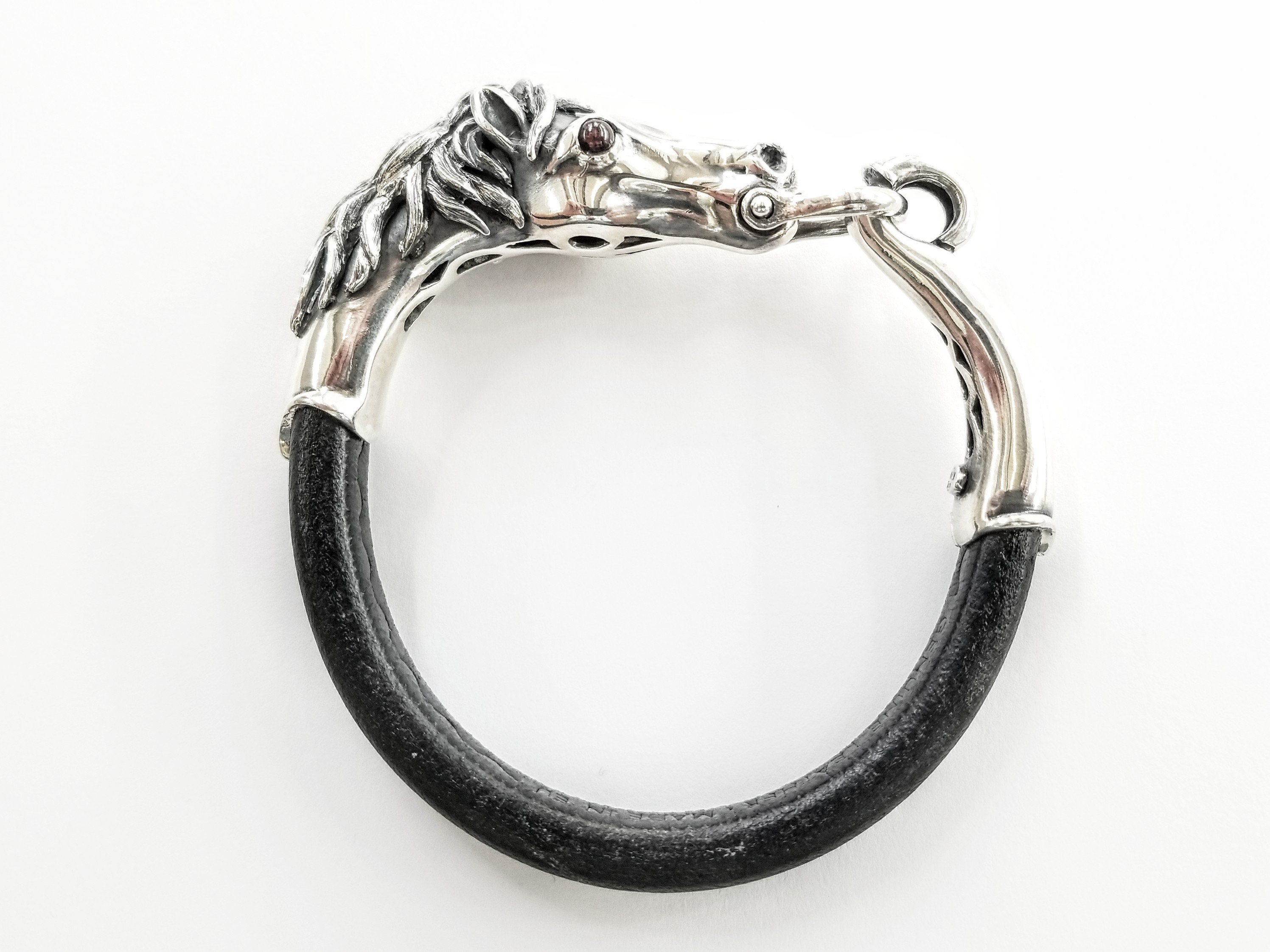 Bracelet cheval en argent sterling 925, sur épais cordon de cuir