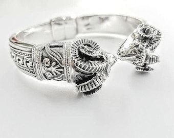 Ram Head Sterling Silver Bracelet with Greek Key Design and Comfort Fit lining