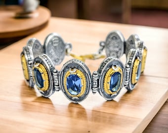 Byzantine Elegance: Two-Tone Silver Bracelet with Stunning Blue Zirconia Gemstones