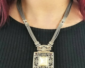 Handmade Sterling Silver Byzantine Necklace: Mother of Pearl & Garnets