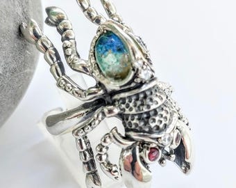 Handmade Scarab Ring in sterling silver 925, beetle jewelry with chrysocolla gemstone doublet.