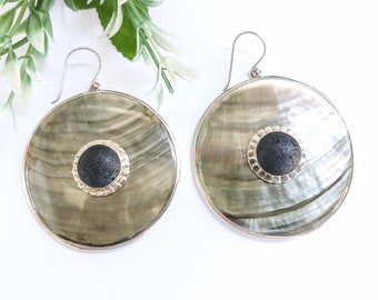 Luminous Lava: Silver Earrings with Mother of Pearl and Centered Lava Stone