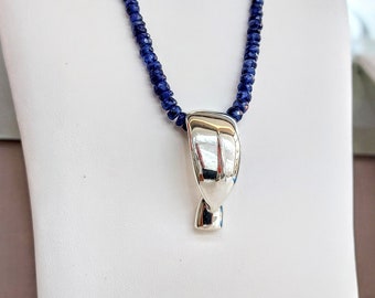 Cycladic Statue: Handcrafted Silver Pendant on Sapphire Necklace