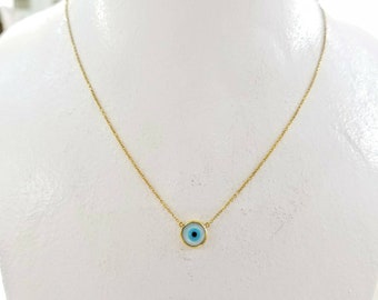 14K Gold Evil Eye Necklace, Round Mother of Pearl Amulet, Solid Gold Protection Necklace, Dainty Gold Chain, Greek Evil Eye Jewelry