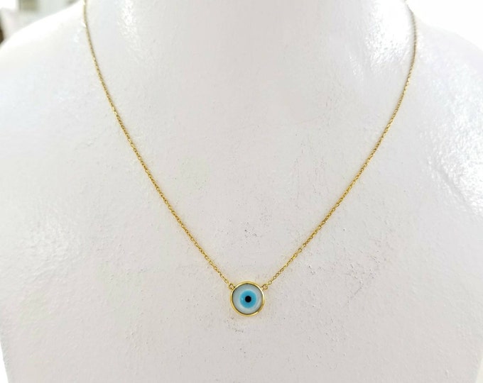 14K Gold Evil Eye Necklace, Round Mother of Pearl Amulet, Solid Gold Protection Necklace, Dainty Gold Chain, Greek Evil Eye Jewelry