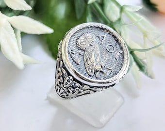Athena owl signet ring in sterling silver 925, coin jewelry