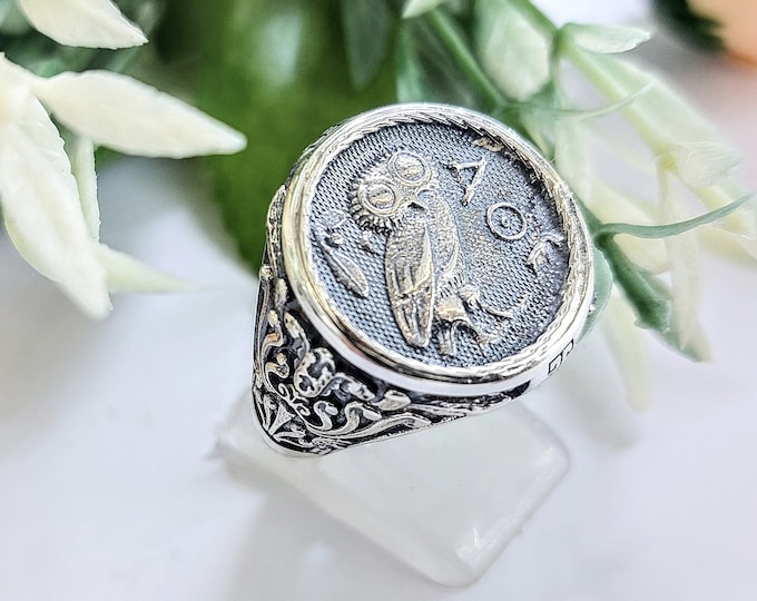 Athena owl signet ring in sterling silver 925, coin jewelry