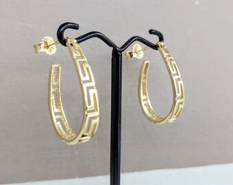 Greek key oval hoop earrings in 14K gold, Greek meander jewellery