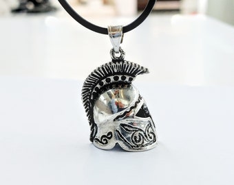 Silver warrior helmet pendant, Spartan helmet on black cord