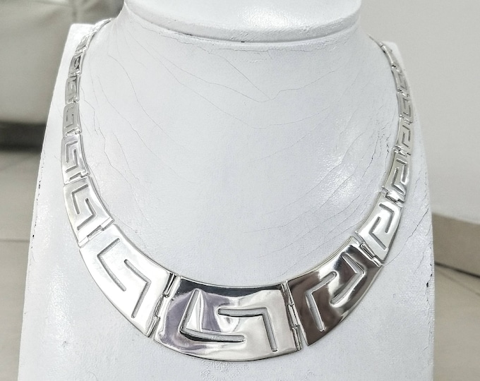 Greek Key Necklace in sterling silver 925, tapered Hellenic meander design, Greek geometric symbol of eternity.