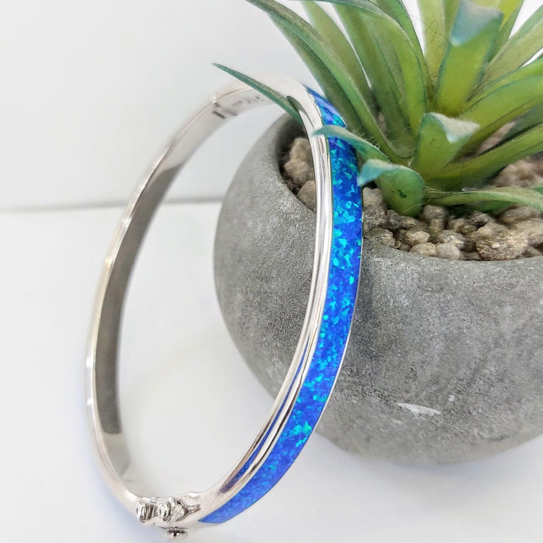 Sterling Silver Oval Bracelet, Blue Kyocera Opal, Rhodium Plated