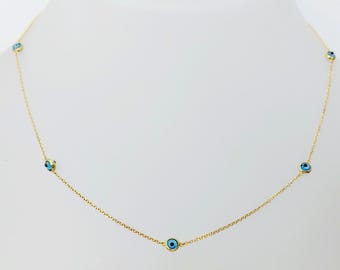 14K Gold Evil Eye Necklace, Dainty Evil Eye Chain, 14 Karat Gold Bezel Set Evil Eye Jewelry, Protection Necklace, Gold Chain Necklace