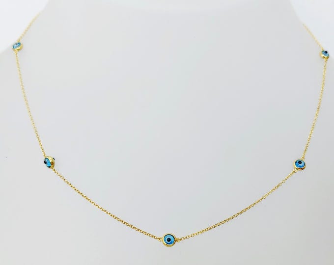 14K Gold Evil Eye Necklace, Dainty Evil Eye Chain, 14 Karat Gold Bezel Set Evil Eye Jewelry, Protection Necklace, Gold Chain Necklace