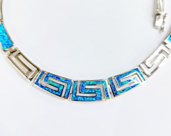 Sterling Silver Greek Key Necklace: Blue Kyocera Opal Inlay