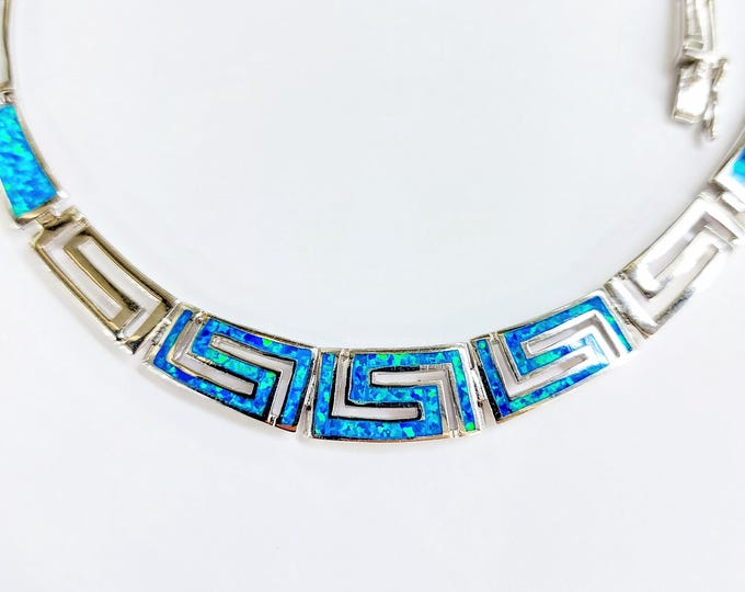 Sterling Silver Greek Key Necklace: Blue Kyocera Opal Inlay