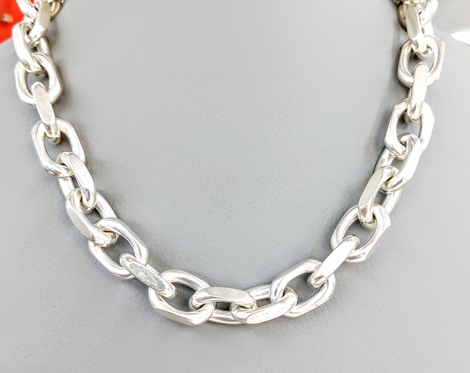 Sterling silver anchor link chain, thick faceted and heavy choker necklace