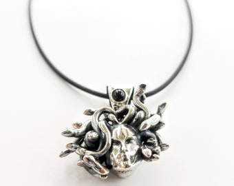 Fierce Medusa pendant in sterling silver 925 on black cord, mythical necklace.