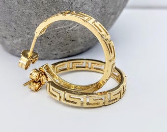 Greek key hoop earrings in 14k gold, geometric meander pattern, classical jewelry for her.