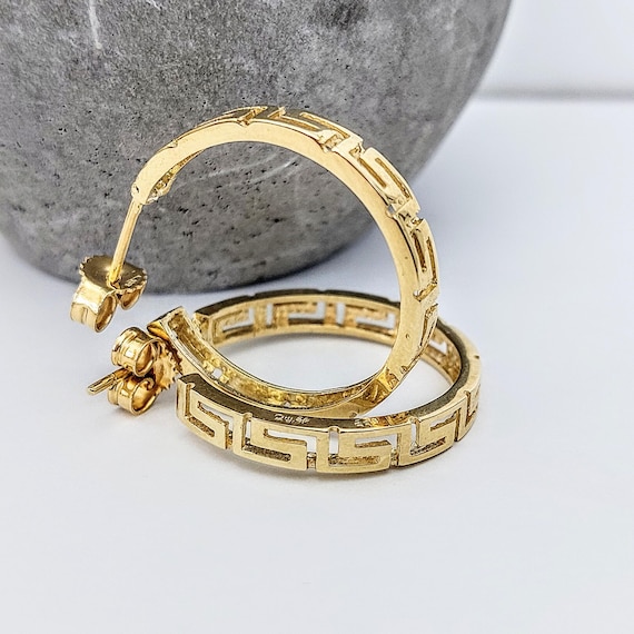 Greek key hoop earrings in 14k gold, geometric meander pattern, classical jewelry for her.