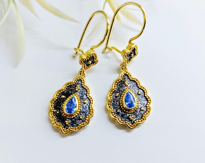 Sterling Silver Earrings with 24K Gold & Black Rhodium Plating, Blue Topaz Stone, Elegant Latch-Back Design