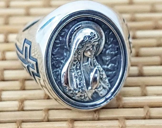 Virgin Mary ring in sterling silver 925, religious jewelry, Mother Mary signet ring with crosses